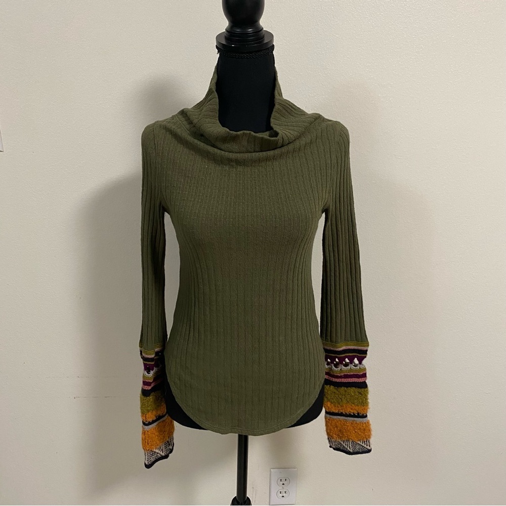 Free People Mixed Up Cuff Ribbed Thermal Long Sleeve Top Olive Size Small